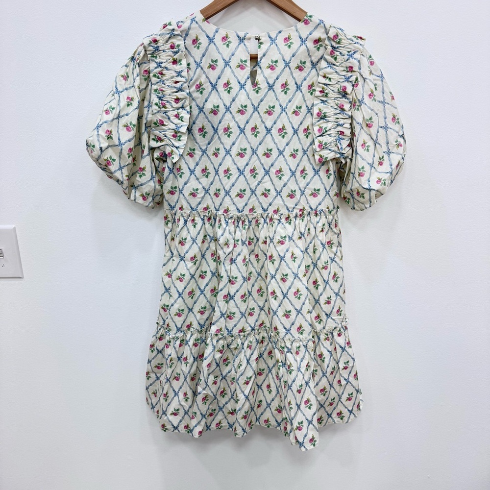 Gigio Round neck mini babydoll Tiered Cottage core puff sleeves trellis Dress Sm - Picture 7 of 10